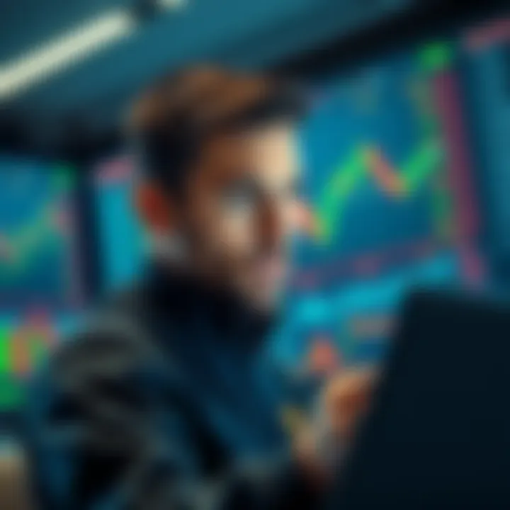 A focused trader looking at a trading platform with a shocked expression, surrounded by charts and numbers showing a $400 commission fee after multiple trades.