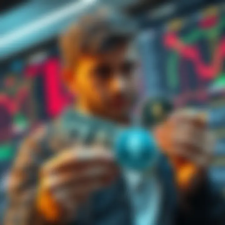 A cryptocurrency trader looks at their dollar gains while holding Ethereum coins, showing a mix of satisfaction and concern over their loss of Ether