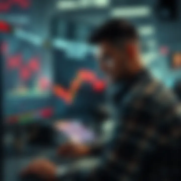 A frustrated trader stares at a computer screen showing a downward trend in stock prices, reflecting on a bad decision to sell at the wrong moment.
