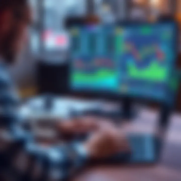 A trader reviewing charts and graphs related to $PI cryptocurrency profits, with a laptop and notepad on a desk.