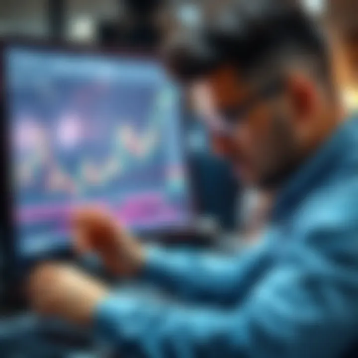 A trader studying stock charts on a computer, with a focused expression, highlighting the importance of patience for making decisions