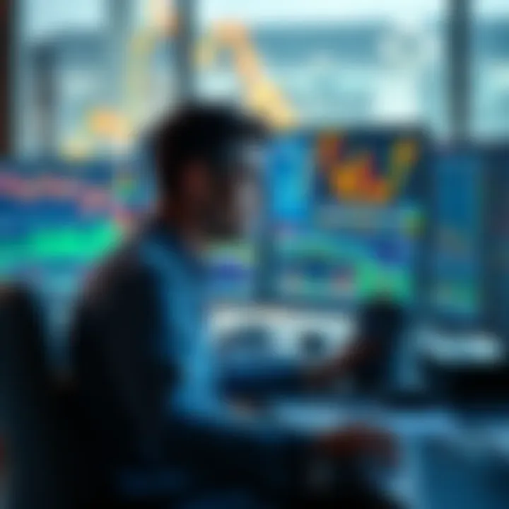 A seasoned trader sitting at a desk, looking at multiple computer screens showing market charts and data, contemplating the viability of achieving consistent returns over time.