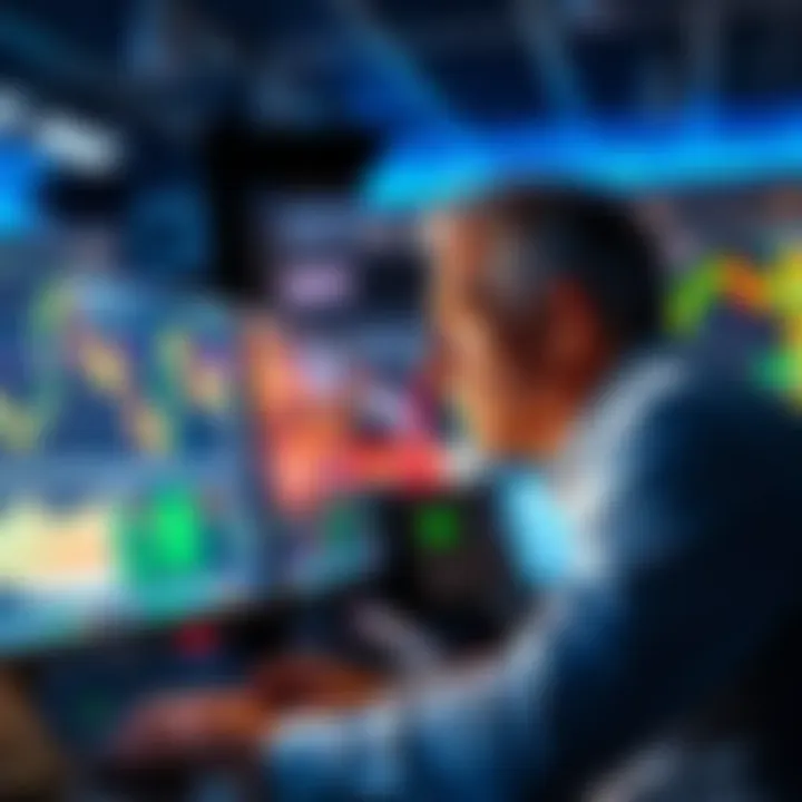 Trader Analyzing SP500 Charts A trader looks at SP500 charts on a computer screen with a focused expression, reviewing their investment strategy.