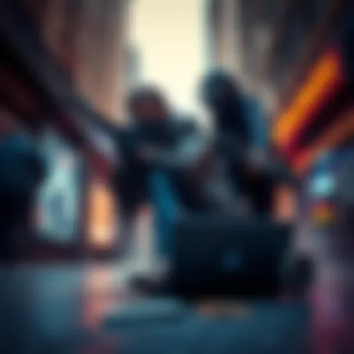 A trader being assaulted by attackers in an urban setting, with a visible struggle over a laptop and cryptocurrency wallet nearby