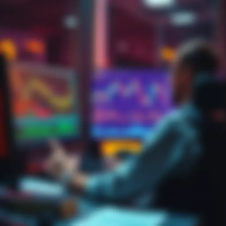 A trader sitting at a desk, looking at financial charts on a computer screen with candles and graphs, focused on market trends and Bitcoin prices.