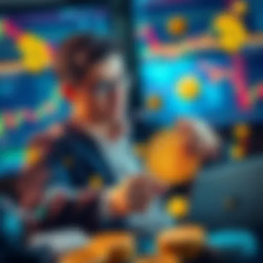 A trader confidently placing a $5 million long position on Bitcoin, surrounded by charts and cryptocurrency symbols.