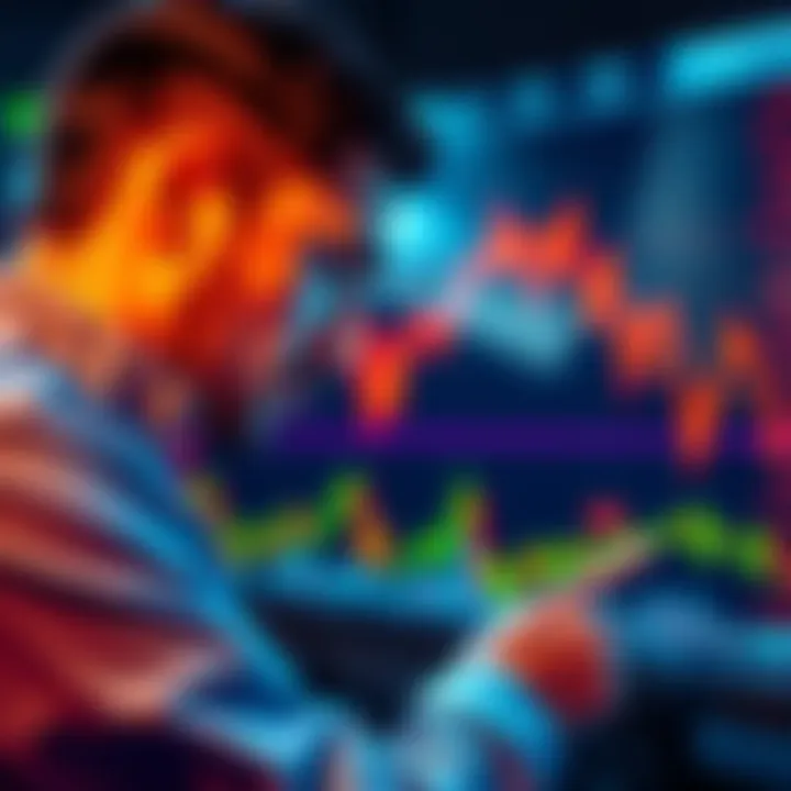 Trader looking at Bitcoin chart A trader examines a Bitcoin price chart, showing fluctuating values and a downward trend in the background.