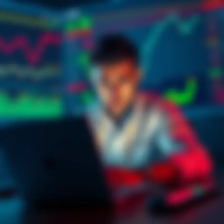 A trader looking worried while calculating losses from memecoins on a laptop, surrounded by charts showing numerous transactions.