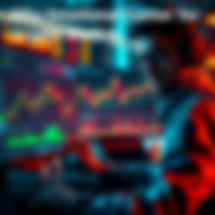 A trader focused on a computer screen showing fluctuating cryptocurrency charts, embodying emotional control and discipline in trading.