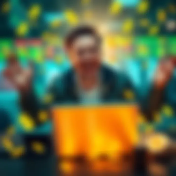 A trader joyfully celebrating a profit from betting on Elon Musk's tweets with a laptop and dollar signs around them.