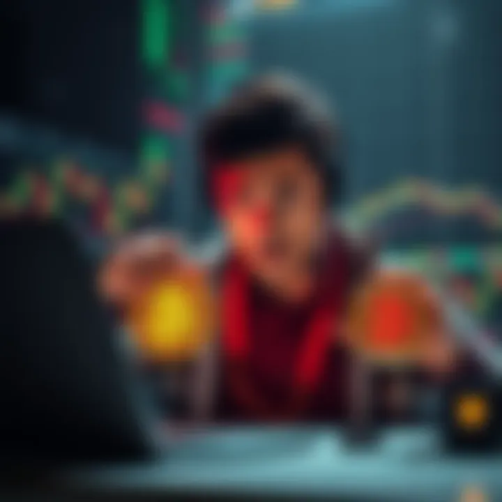 A trader looks stressed while considering HBAR and BTC options on a laptop with charts displayed.