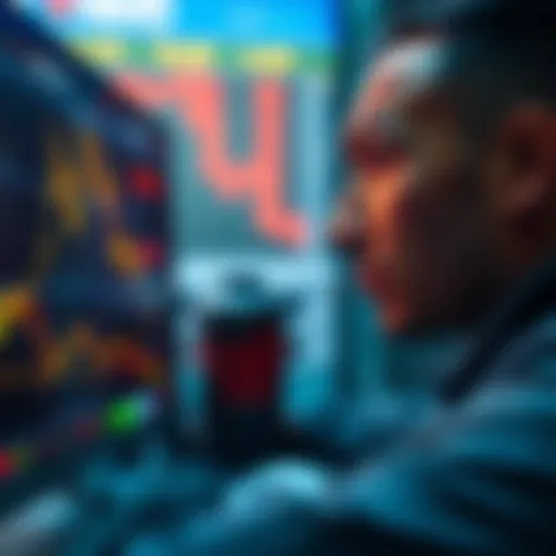 A trader looks stressed while glancing at fluctuating stock prices on a computer screen, reflecting feelings of anxiety and FOMO in a volatile market.