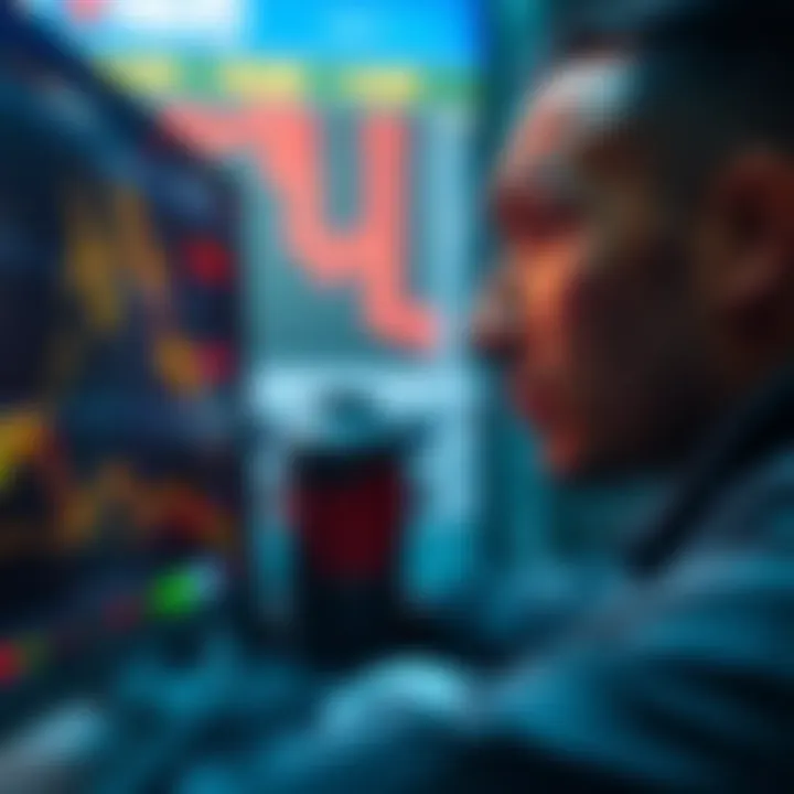 A trader looks stressed while glancing at fluctuating stock prices on a computer screen, reflecting feelings of anxiety and FOMO in a volatile market.