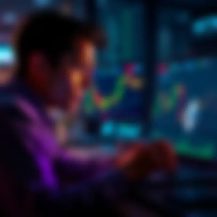 A trader looking worried while checking cryptocurrency prices on a laptop, with Ethereum logo visible on screen