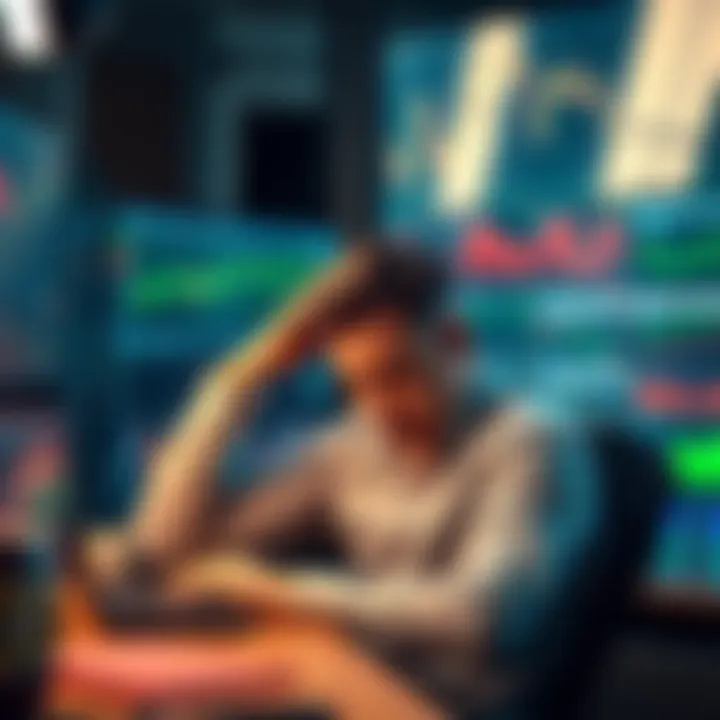 A stressed trader sits at a desk with multiple screens showing trading charts and graphs, looking frustrated while holding their head in their hands.