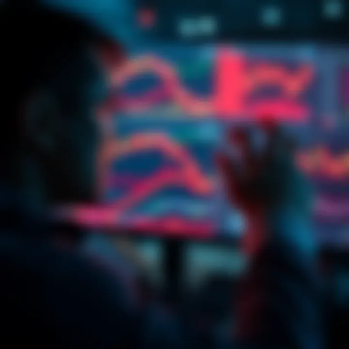 Trader frustrated with crypto market A trader looking at a screen filled with charts and graphs, showing red indicators of losses in the crypto market