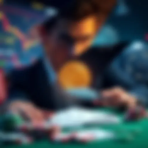 A split image showing a stock trader focused on charts, a crypto trader looking at digital coins, and a gambler with cards and chips.