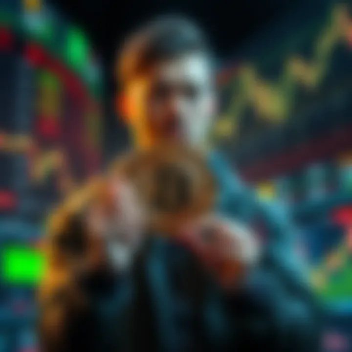 A trader holding a Bitcoin while looking determined, surrounded by market graphs and charts, symbolizing long-term commitment.