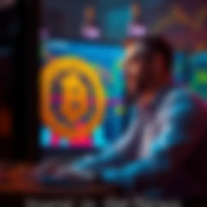 A trader looking at Bitcoin charts on a computer screen while discussing market trends with a colleague, showing contrasting views on cryptocurrency