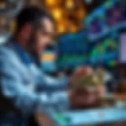 A trader reviewing financial charts with a large amount of cash on the table, preparing for a major market move before a political address.