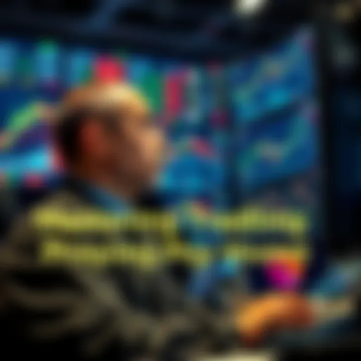 A trader focused on screens displaying market trends and charts, reflecting on trading psychology techniques.