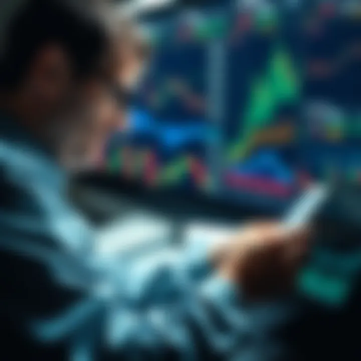 A trader examines market charts and graphs, comparing active trading strategies to passive investment gains