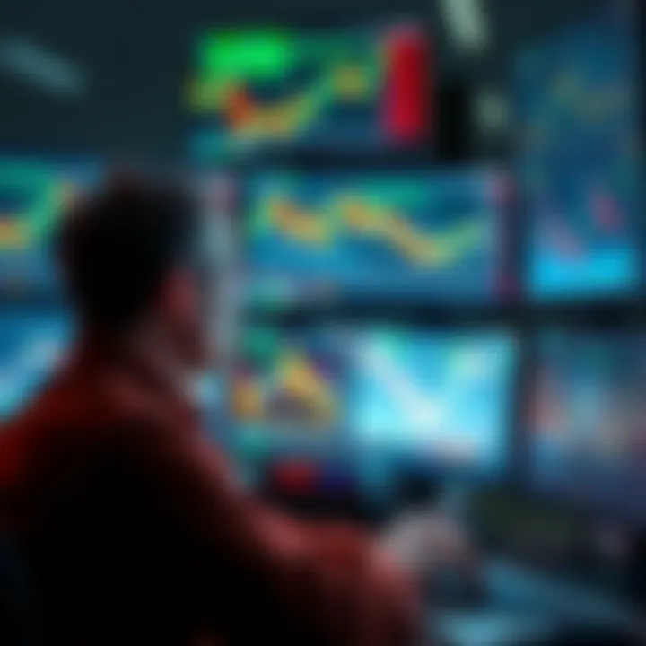 A trader looks at various charts and graphs on multiple screens representing different exchanges, showing frustration and confusion due to latency and execution issues.