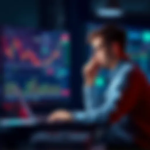 Trader Overcoming Fear A trader sits at a desk with charts and a laptop, looking thoughtfully at the screen, showing signs of hesitation but determination to trade.