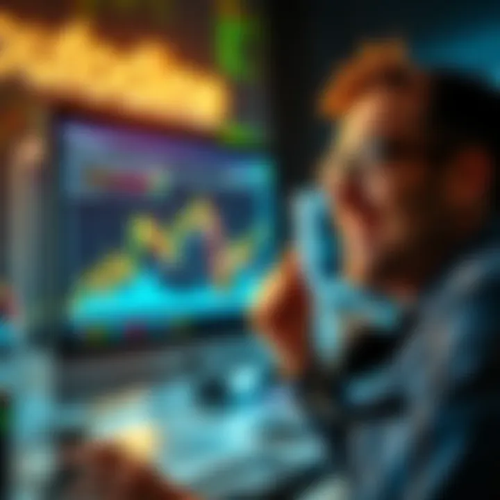 A trader smiling while looking at a computer screen displaying a rising stock chart, symbolizing successful trading.