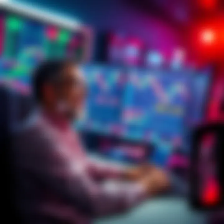 A trader looking at a computer screen displaying stock charts and $PENGUIN trades, smiling as they celebrate a profit of $1450
