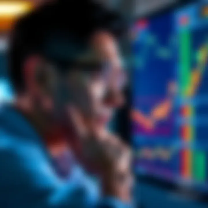 A trader looking thoughtfully at a computer screen filled with stock charts, showing expressions of contemplation and regret.