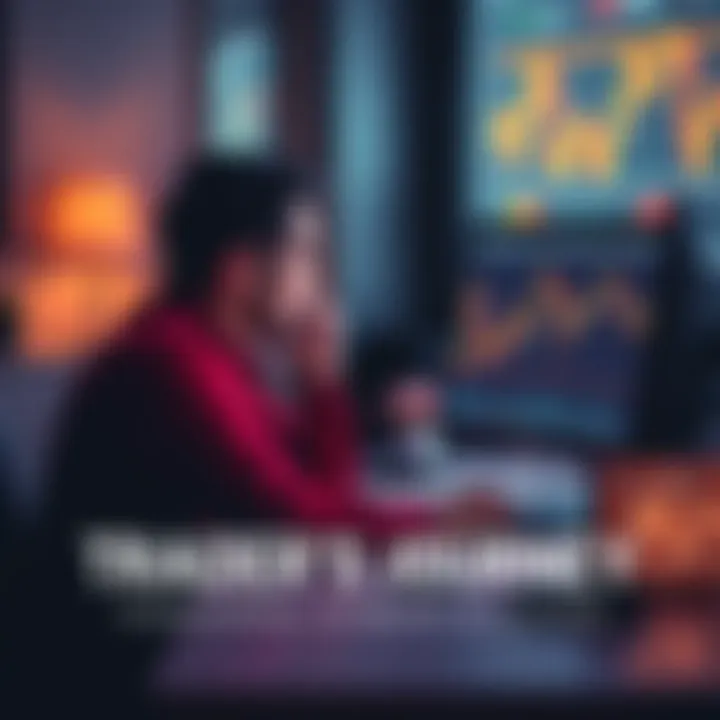 A novice trader sits at a desk, looking thoughtfully at trading graphs on a computer screen, symbolizing their struggles and achievements over five years.