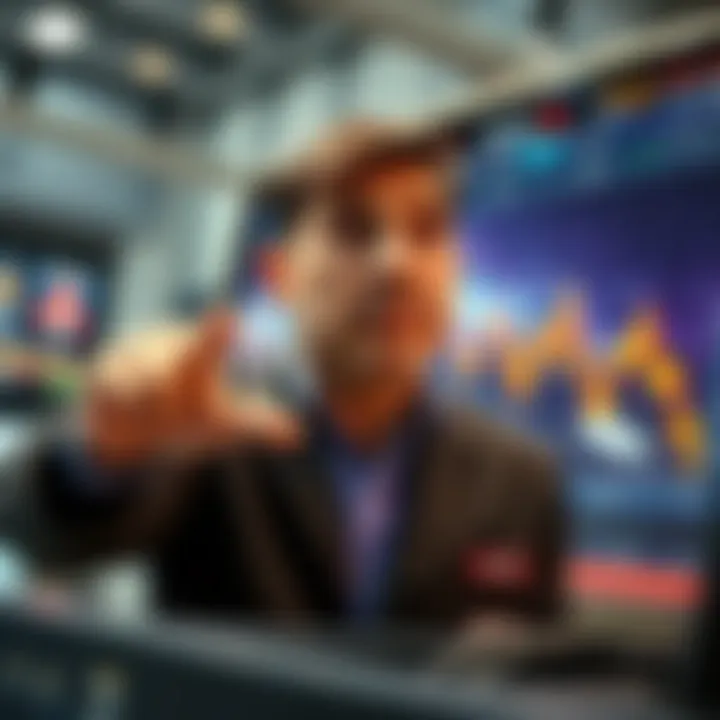 A trader looks worried while pointing at a stock market chart showing a downward trend, symbolizing a market sell-off.