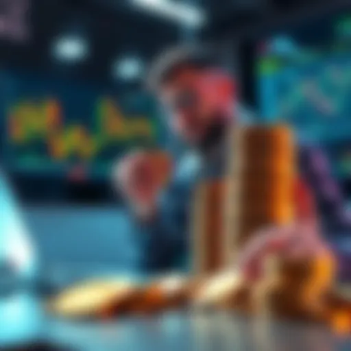 A trader holds a large stack of coins while looking at a downward trending chart on a laptop, symbolizing a sell-off in hopes of re-buying at a lower price.