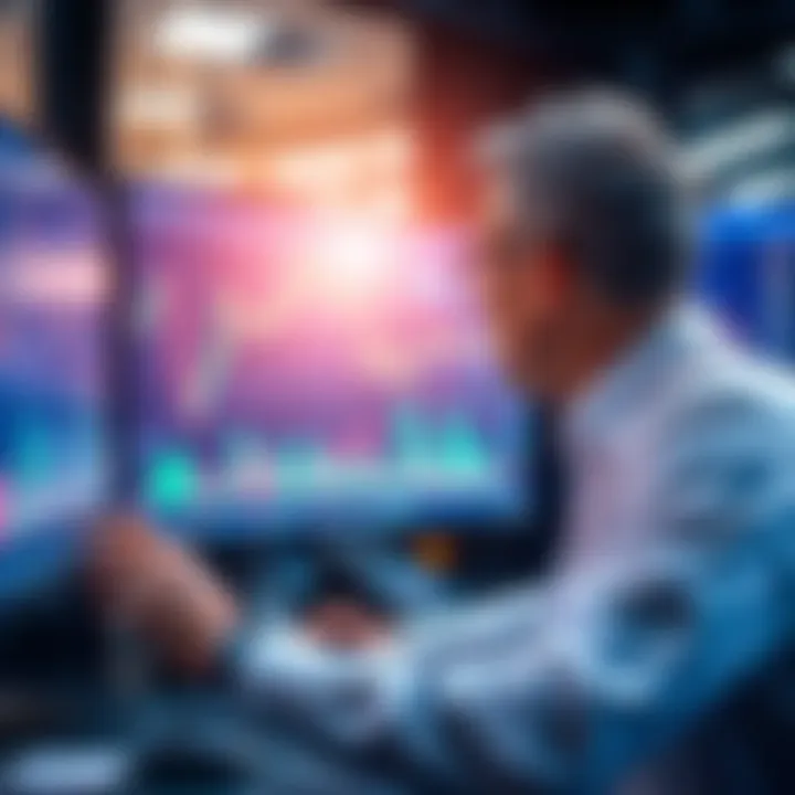 Trader analyzing stock graphs A trader looking at stock charts on a computer screen, reflecting on missed opportunities and gains in the market.