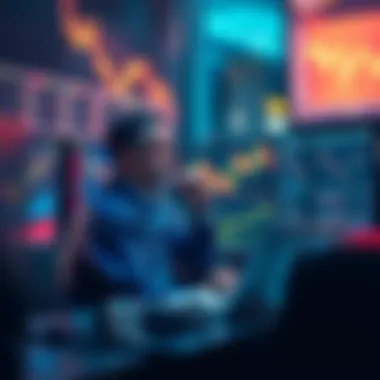 Trader looking at stock charts A trader sitting at a desk, studying stock charts on multiple screens, showing signs of frustration as prices fluctuate.