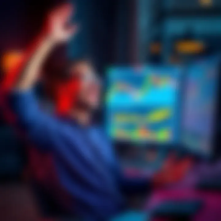 A happy trader with an uplifting expression, celebrating his financial success in cryptocurrency trading. He is sitting at a desk with a computer displaying positive trading graphs and charts.