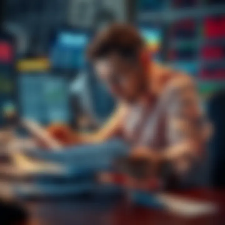 A trader looking stressed while reviewing financial documents and tax forms with bills scattered on a desk.