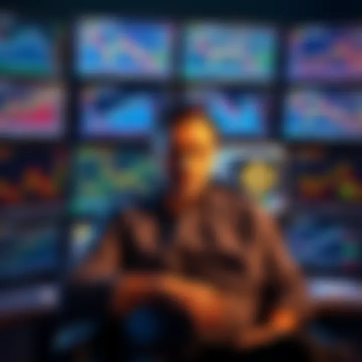 A concerned trader sitting in front of multiple screens showing declining charts and Bitcoin prices, reflecting the stress of a recent loss