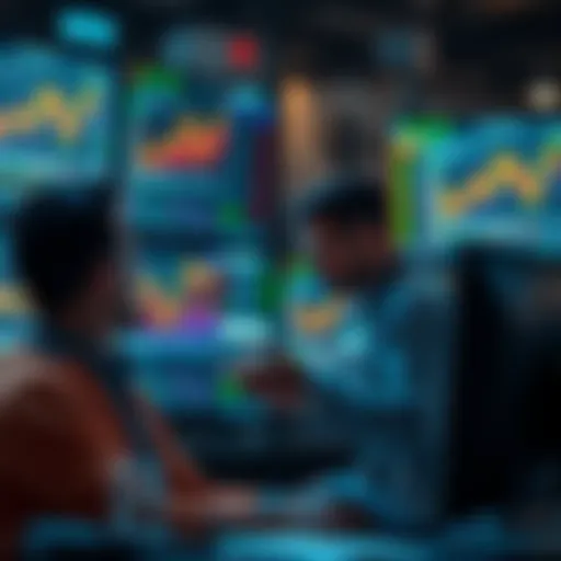 A group of traders reviewing cryptocurrency charts and market data on screens.