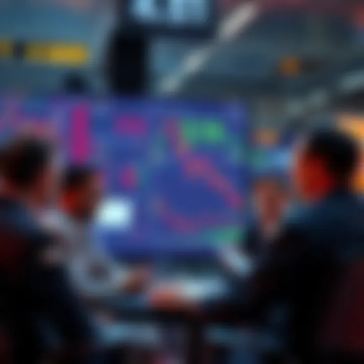 A group of European traders discussing alternative futures trading platforms on screens, highlighting decentralized exchanges without KYC requirements