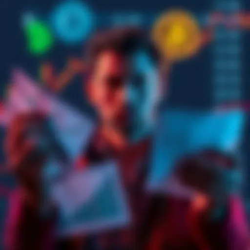 A trader holding charts showing ups and downs in their investment, looking concerned yet determined, with digital currency symbols in the background.