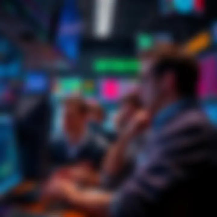 A group of traders looking worriedly at fluctuating cryptocurrency prices on screens