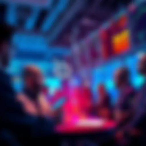 A group of traders discussing strategies and tips, sharing analysis, with a graphic representing the Lightning Network for tipping.
