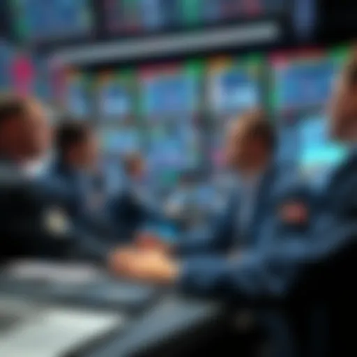 A group of traders discussing stock futures with charts and graphs visible on screens.