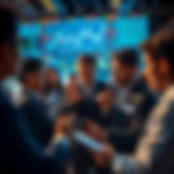 A group of traders engaged in a lively discussion about resilience in the market, with charts and graphs displayed in the background.