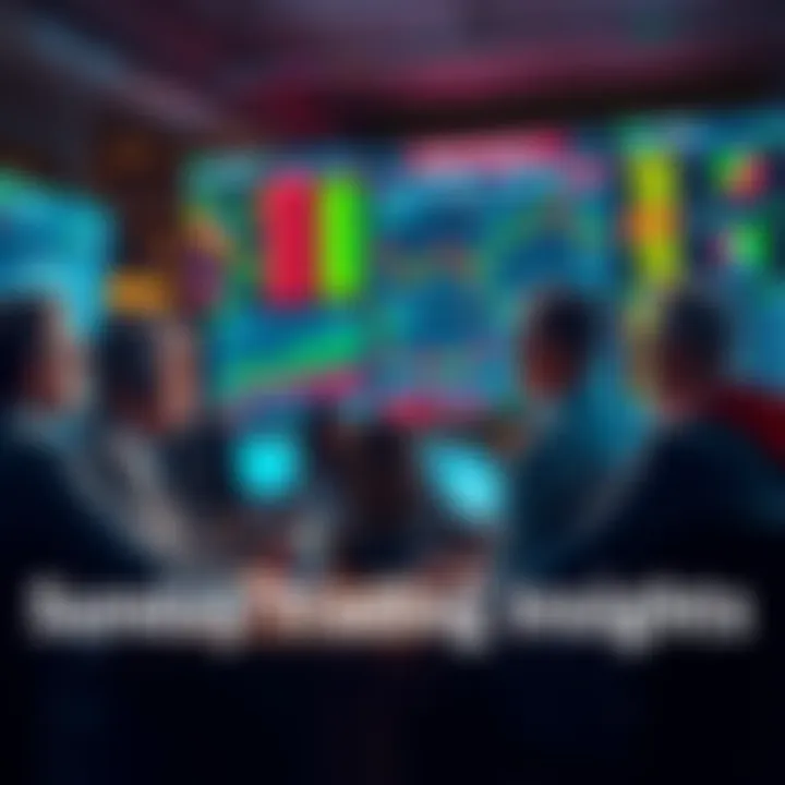 A group of traders sharing insights and strategies on a forum, with charts and data displayed on screens.