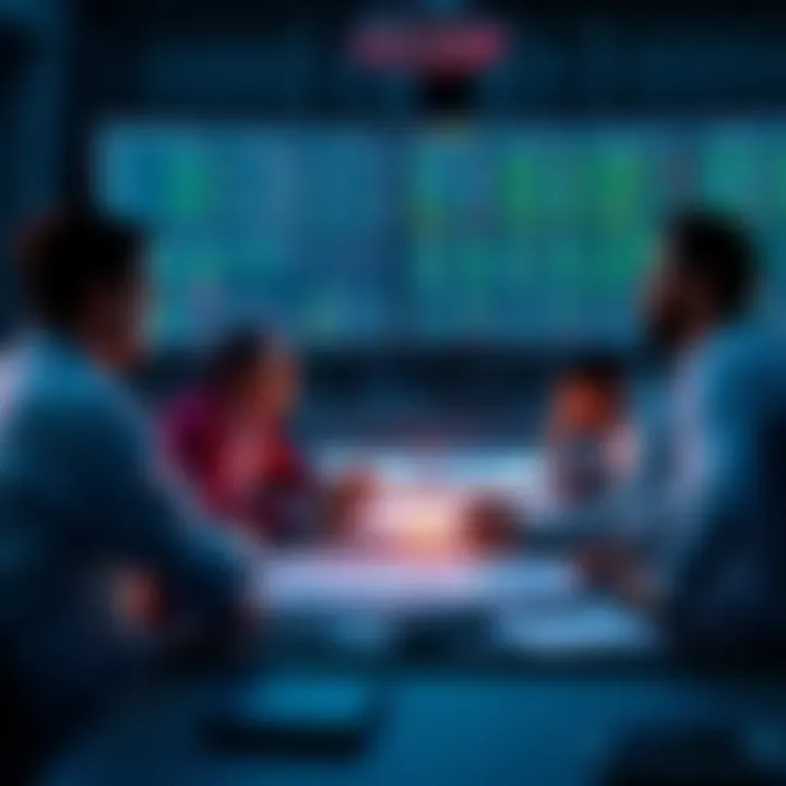 A group of traders sharing insights and experiences about trading odds around a table with charts and graphs.