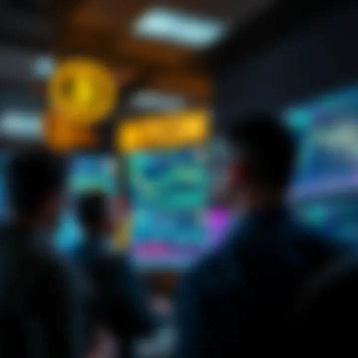 A group of traders looking at Bitcoin price charts on multiple screens, showing stagnant price movement and expressions of concern.