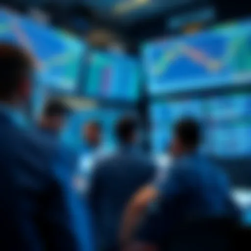 A group of traders closely analyzing stock charts on multiple screens in a busy trading room.
